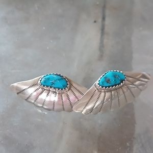 Vintage KJ navajo sterling and turquoise  fan shaped earrings